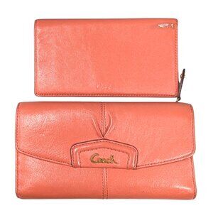 Coach Ashley Coral Peach Leather Pleated Folding Wallet w/Checkbook Holder